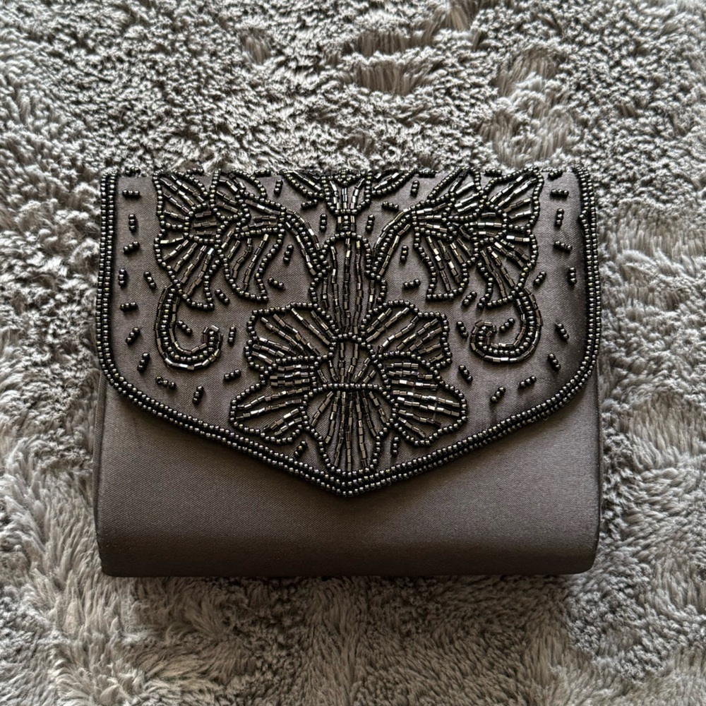 Vintage embroidered beaded black satin clutch